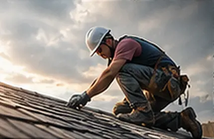 Roofer in a hard hat fixing shingles on a pitched roof at sunset